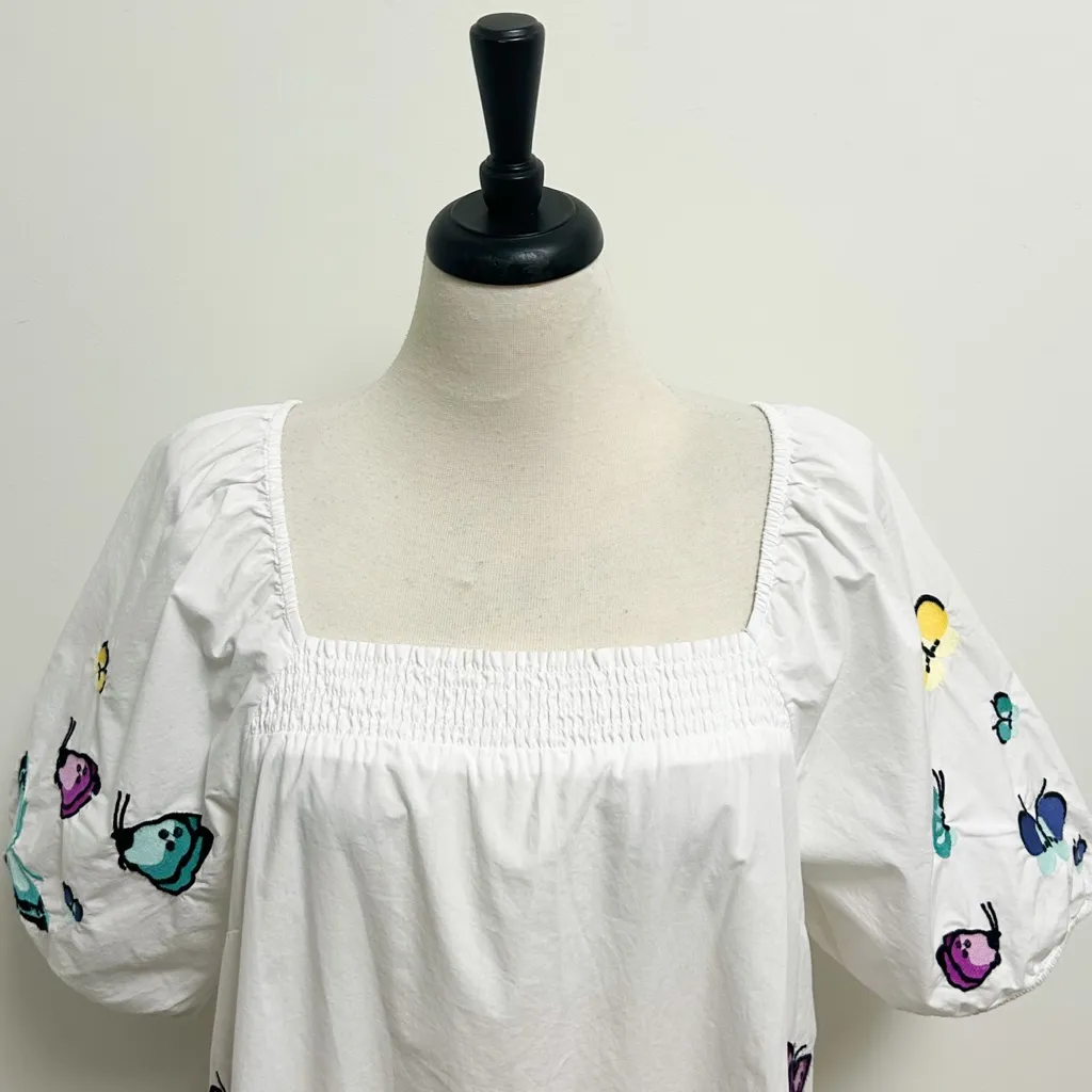 Talbots White Embroidered Butterflies Square Neck Elbow Puff Sleeve Poplin Top - Image 2