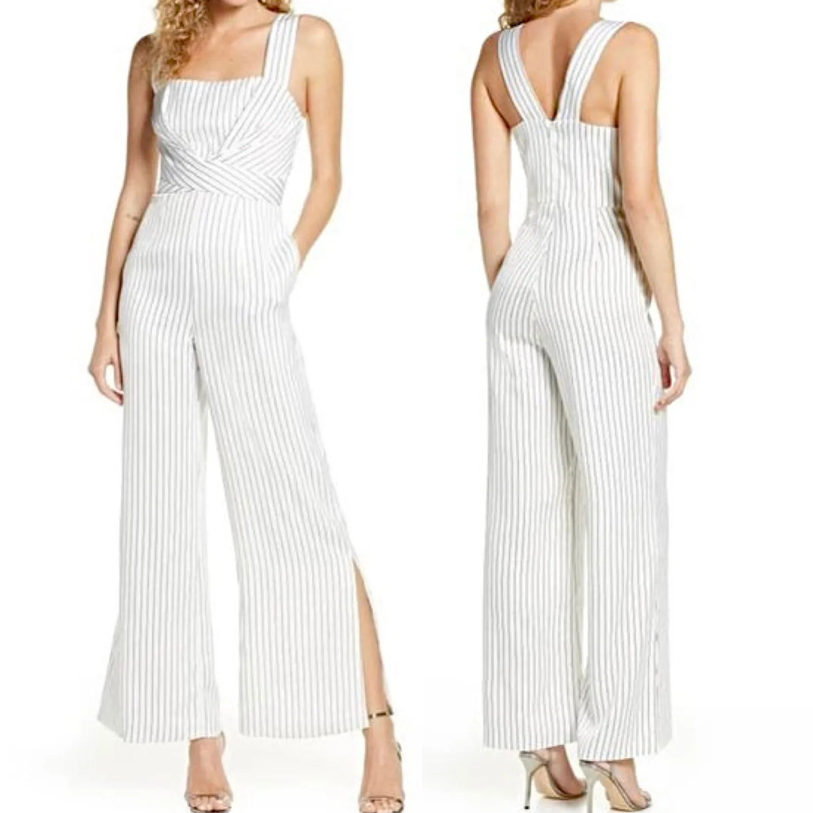 New  Striped Criss Cross Bodice Slit Hem Flared Leg Jumpsuit White Black - Image 2