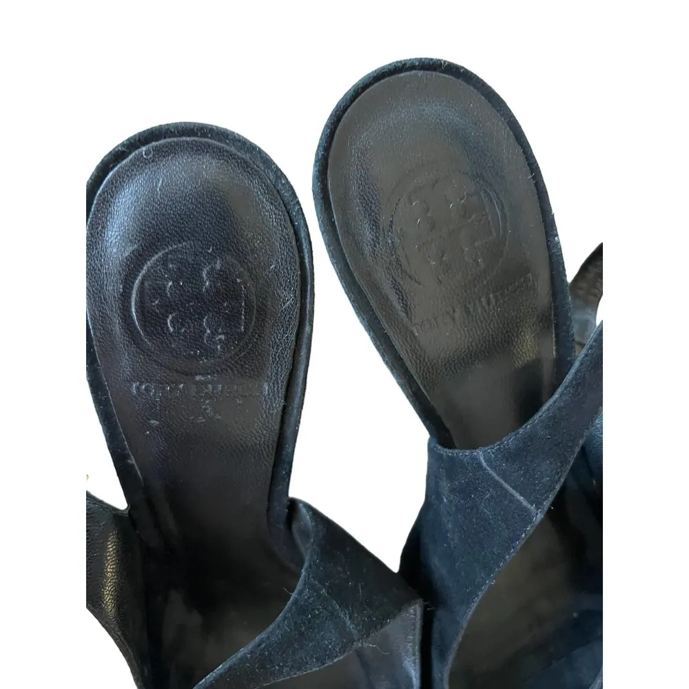 Tory Burch Black Gold Suede Slingback Block Platform Heels Size 9.5 - Image 6