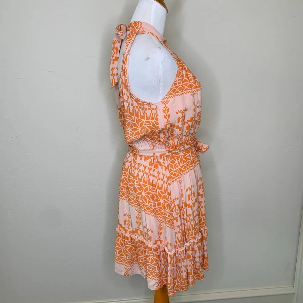 Orange Tan Geometric Pattern Halter Dress High Neck Sz Small - Image 3
