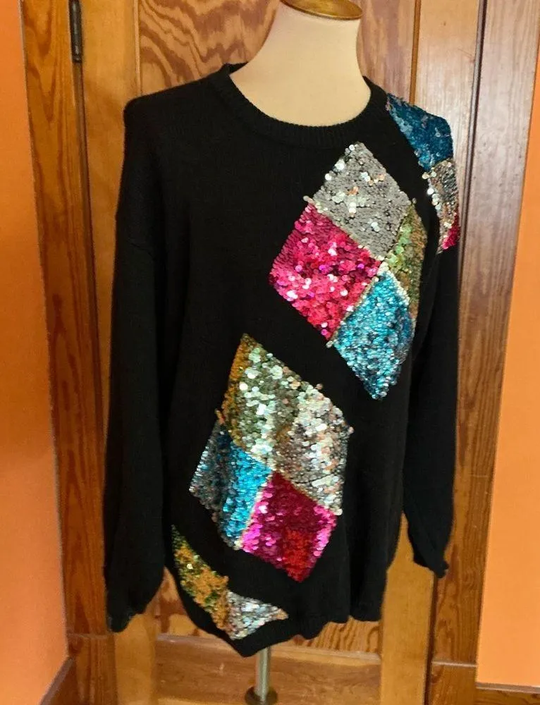 Vtg 90s bright sequined dressy sweater Black Size M - Image 8