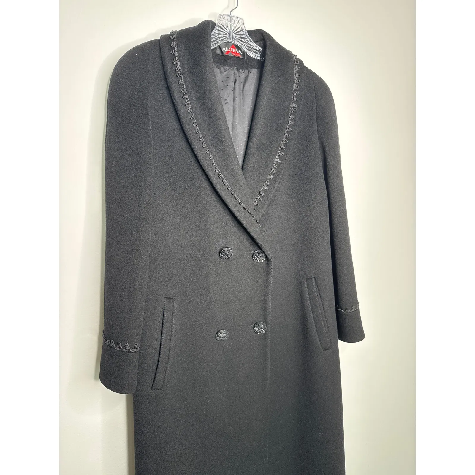 VTG Alorna Black Wool Coat Forstmann Trimmed Shawl Collar double breasted USA M - Image 4