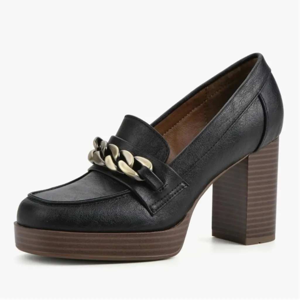 White Mountain Manning Block Heel Square Toe Loafers Black w Brass Detail Sz 8.5 - Image 2