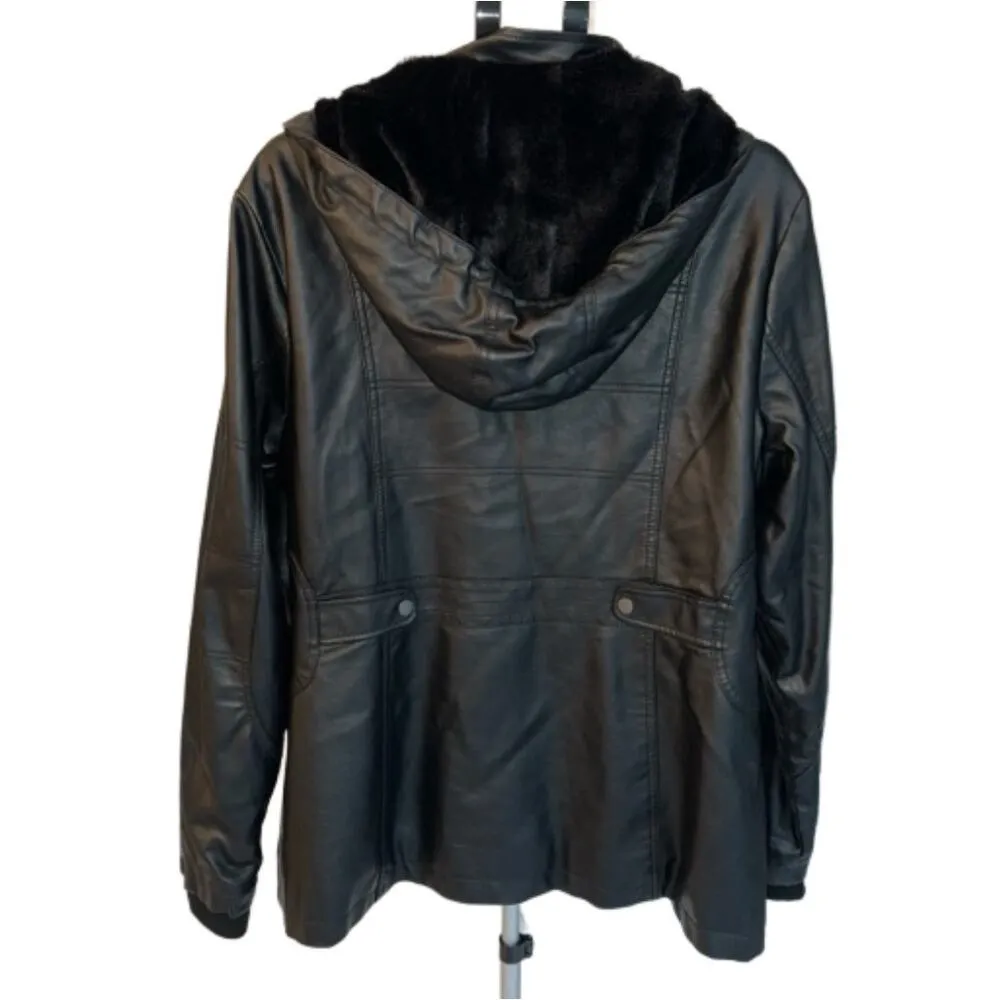 Cavalini Black Vegan Leather Faux Fur Lined Fitted Coat Size 3X Removable Hood - Image 4