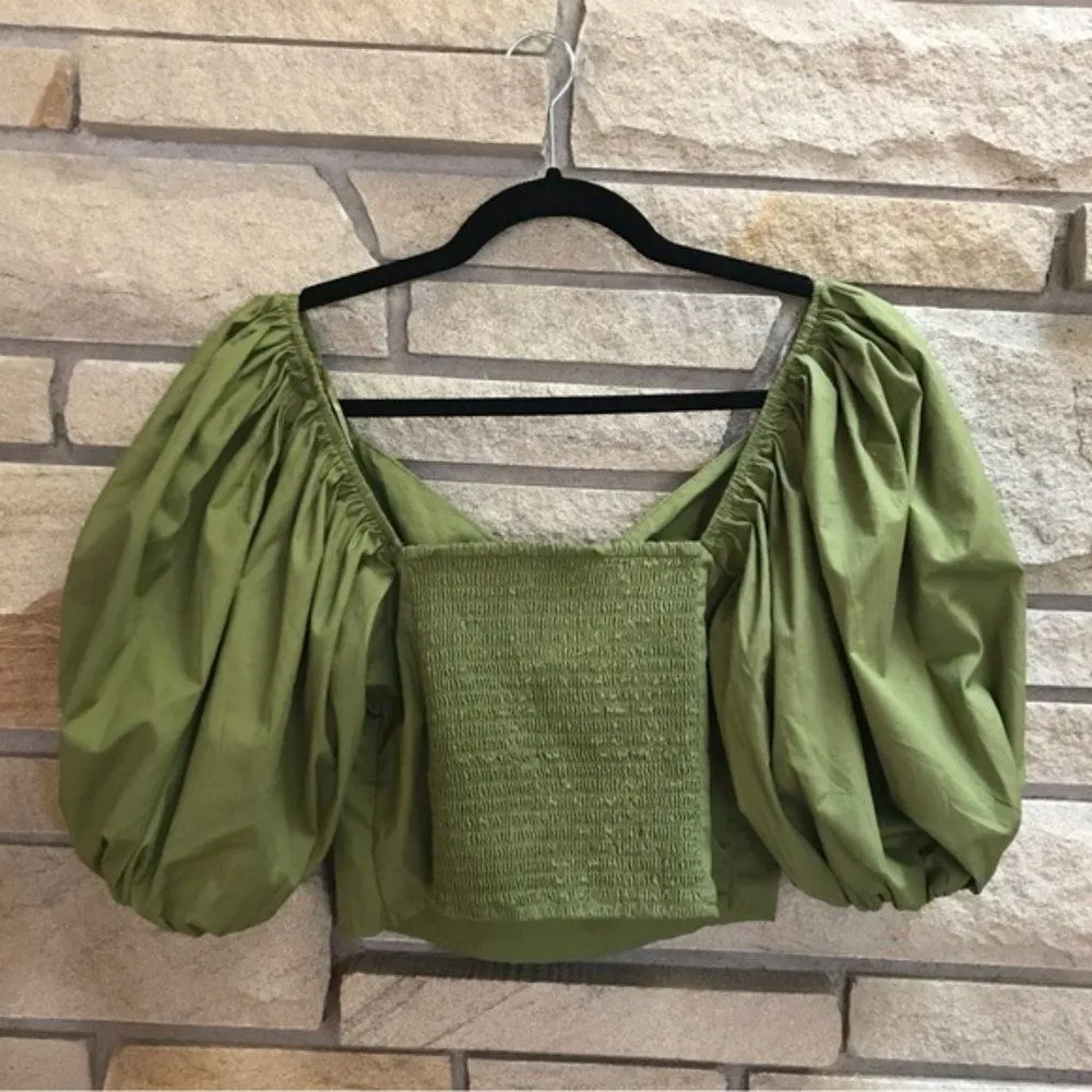Abercrombie & Fitch Puff Sleeve Poplin O-Ring Top in Green Small - Image 3