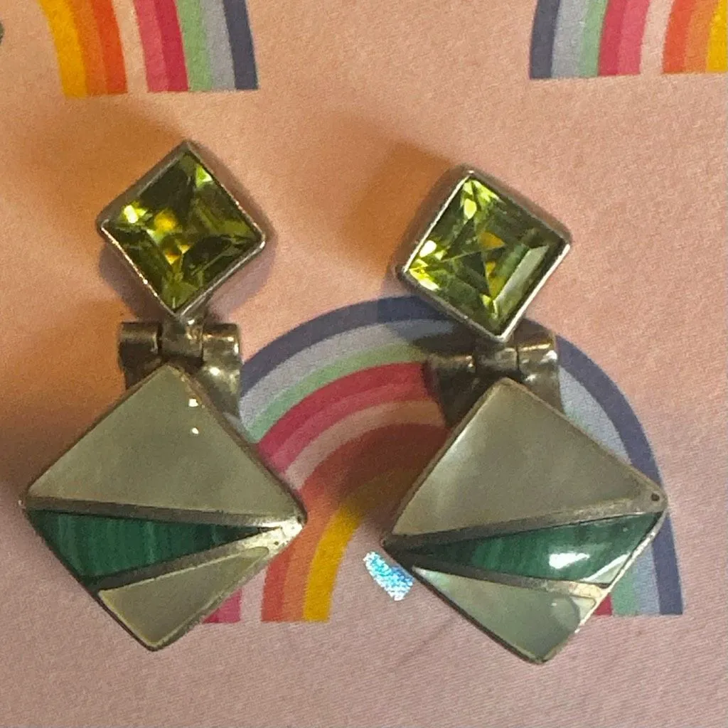 ACLEONI Sterling Silver Peridot, Malachite & Mother of Pearl Drop Earrings - Image 5