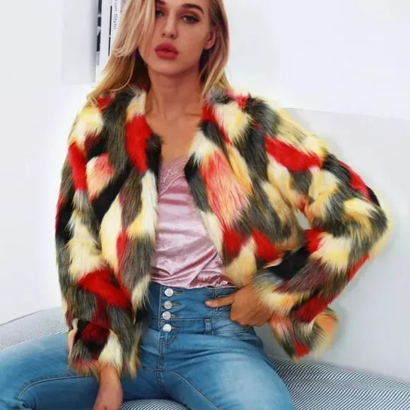 Faux Fur Coat Shabby Chic Boutique Lined Thick Fluffy Red Brown Tan Black Fur - Image 4