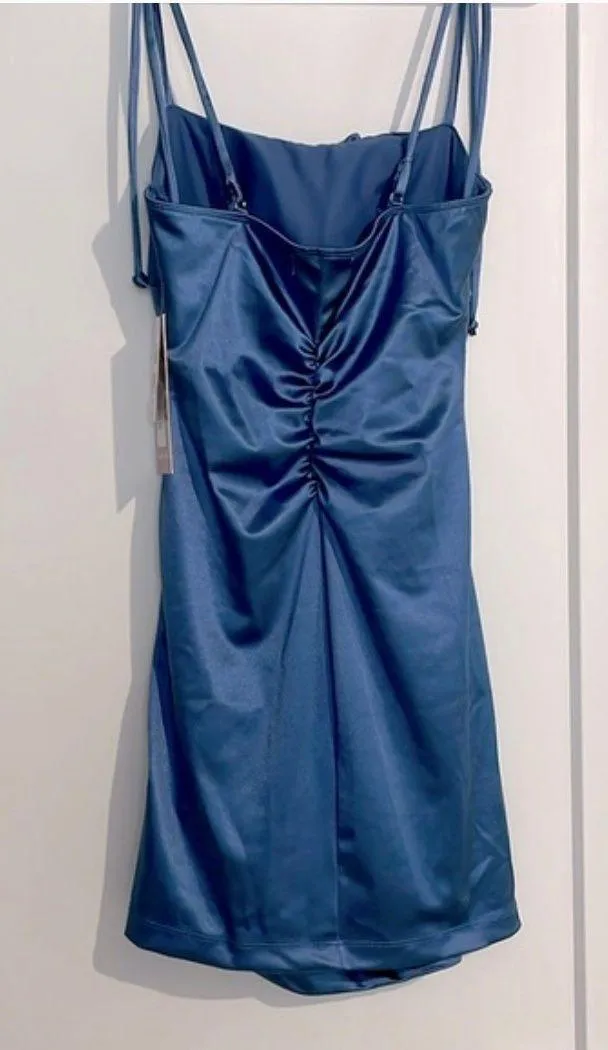 Satin Blue Scrunch Empire Ruched Sides Dress - Image 2