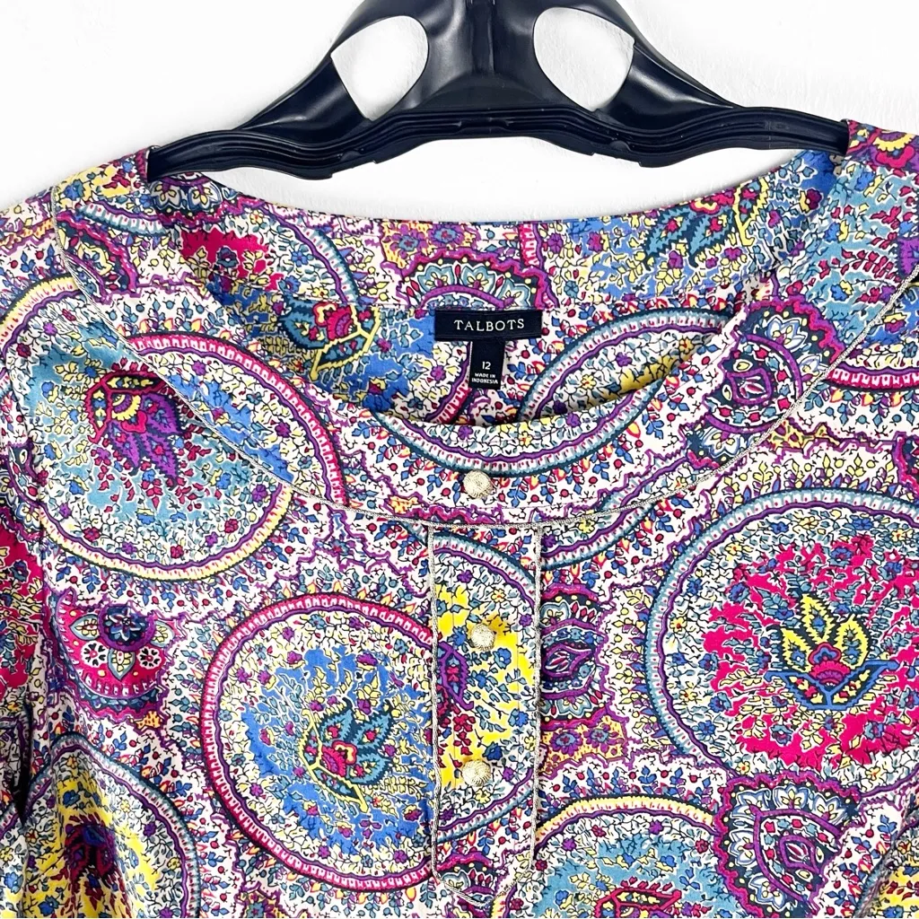 TALBOTS 100% Cotton Paisley Print Long Sleeves Accent Button Blouse Size 12 - Image 9