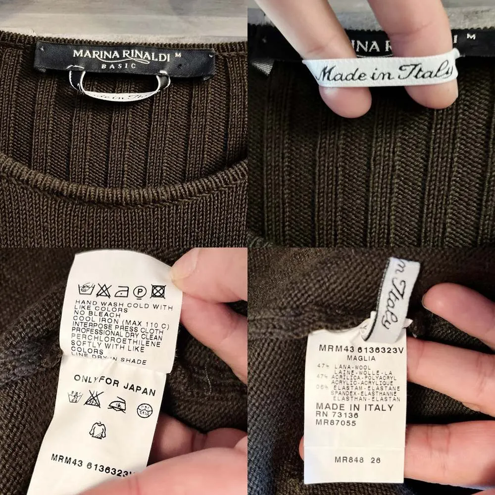 MARINA RINALDI Sweater Crew Neck BeltedPullover Brown Italy Wool Medium EUC - Image 6