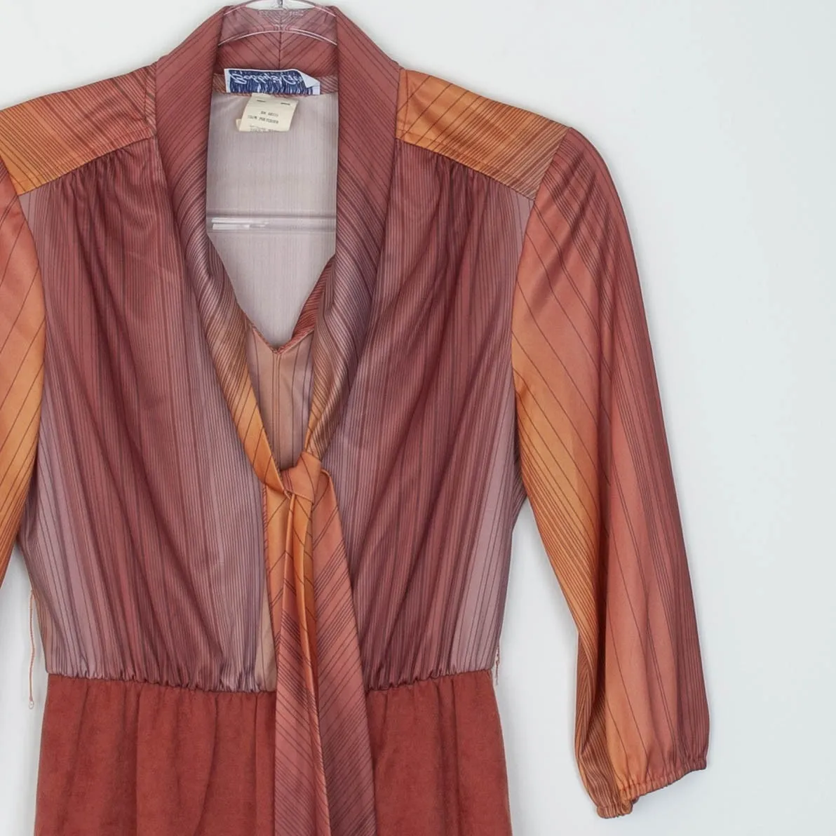 Bobbys Girl Vintage 70s 80s Midi Dress Tie Neck Stripe Print Rust Orange Size 10 Brown - Image 2