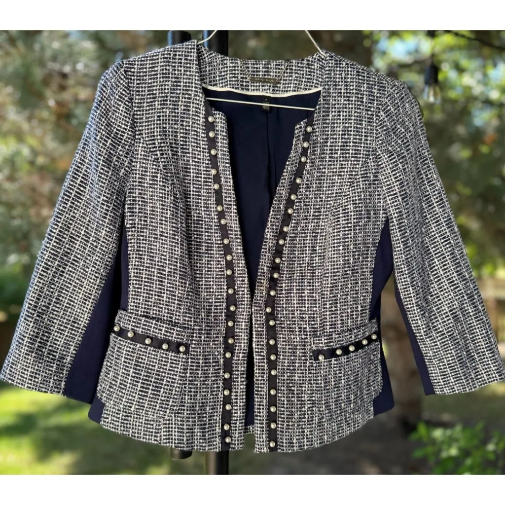White House Black Market Womens 6 Blue White Pearl Blazer Jacket Long Sleeve - Image 2