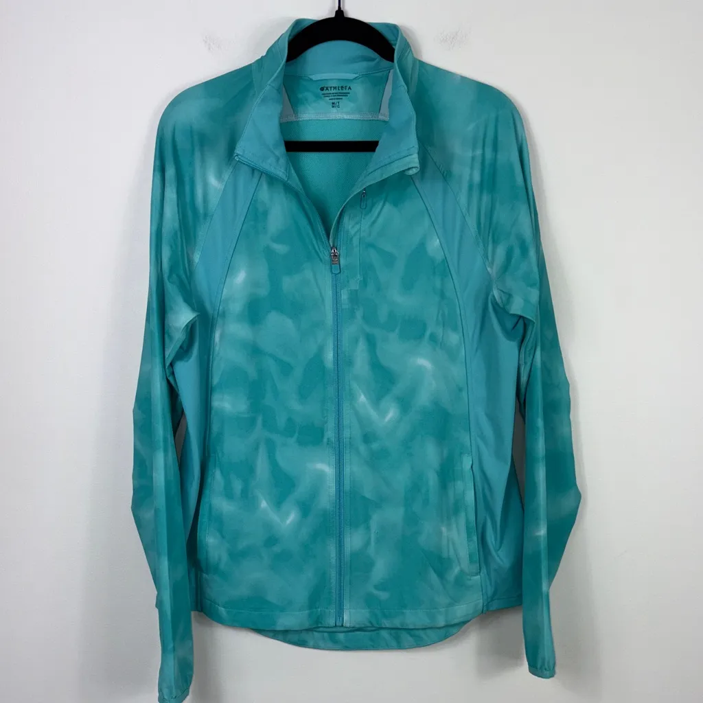 Athleta Run With It Printed Jacket Size Medium Tall Turquoise Teal Tie Dye - Image 4