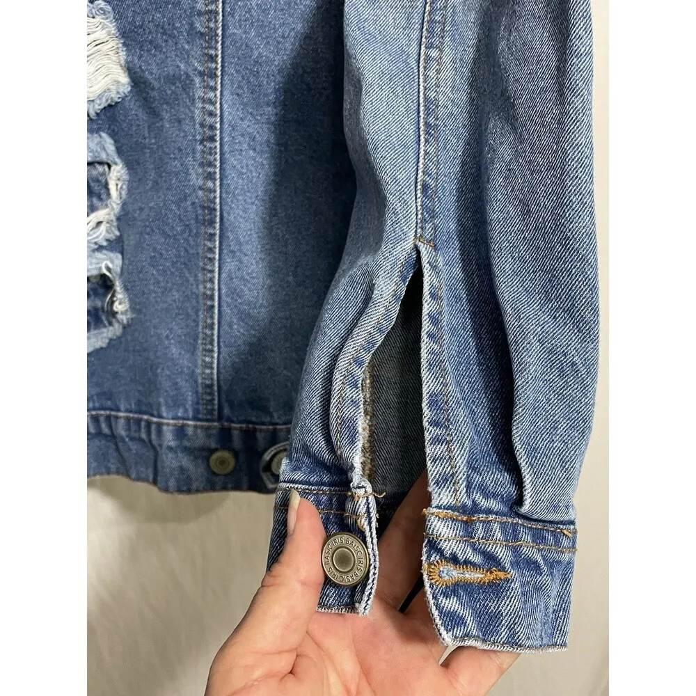 Iris Denim Jacket Distressed Button Down Womens Size Large - Image 4