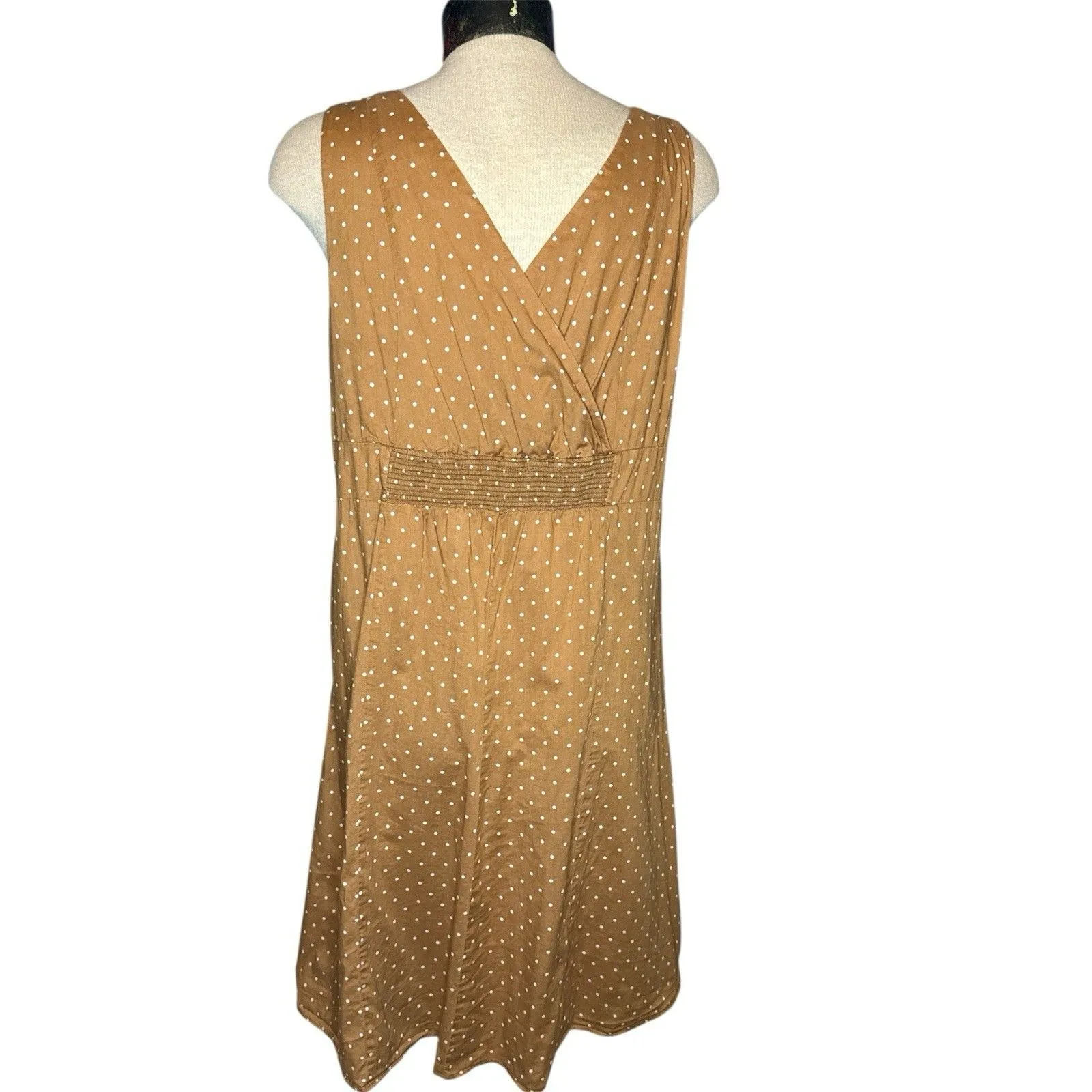Lands End Midi Dress Size 14 Brown White Polka Dot Surplice Faux Wrap Sleeveless - Image 4