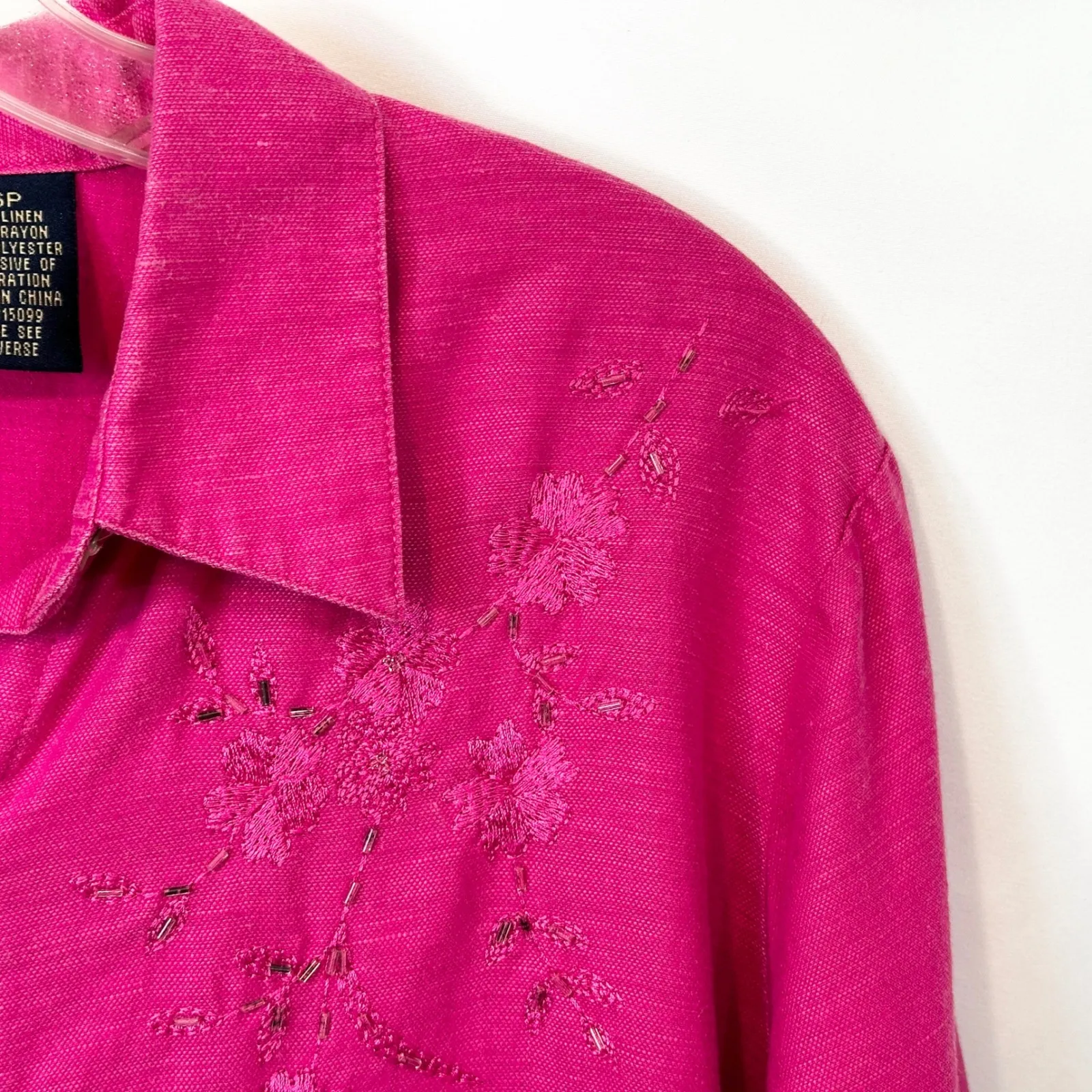 Laura Scott 16P Top Hot Pink Linen Embroidered Beaded Button Down Career 292 - Image 6