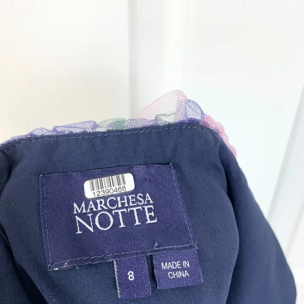 Marchesa Notte Floral Mesh Tulle Ribbon Off The Shoulder Top Navy Size 8 Blue - Image 5