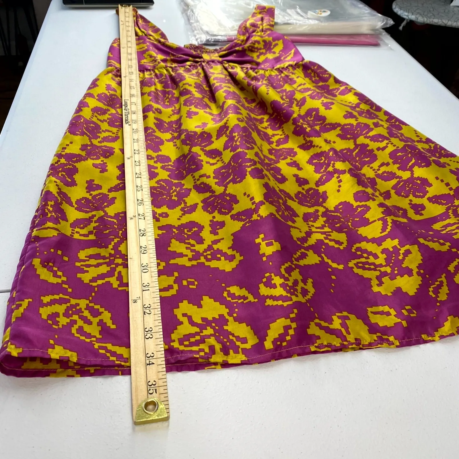 Population Silk Babydoll Dress Womens 6 Purple Mustard Floral V Neck Smocked - Image 11