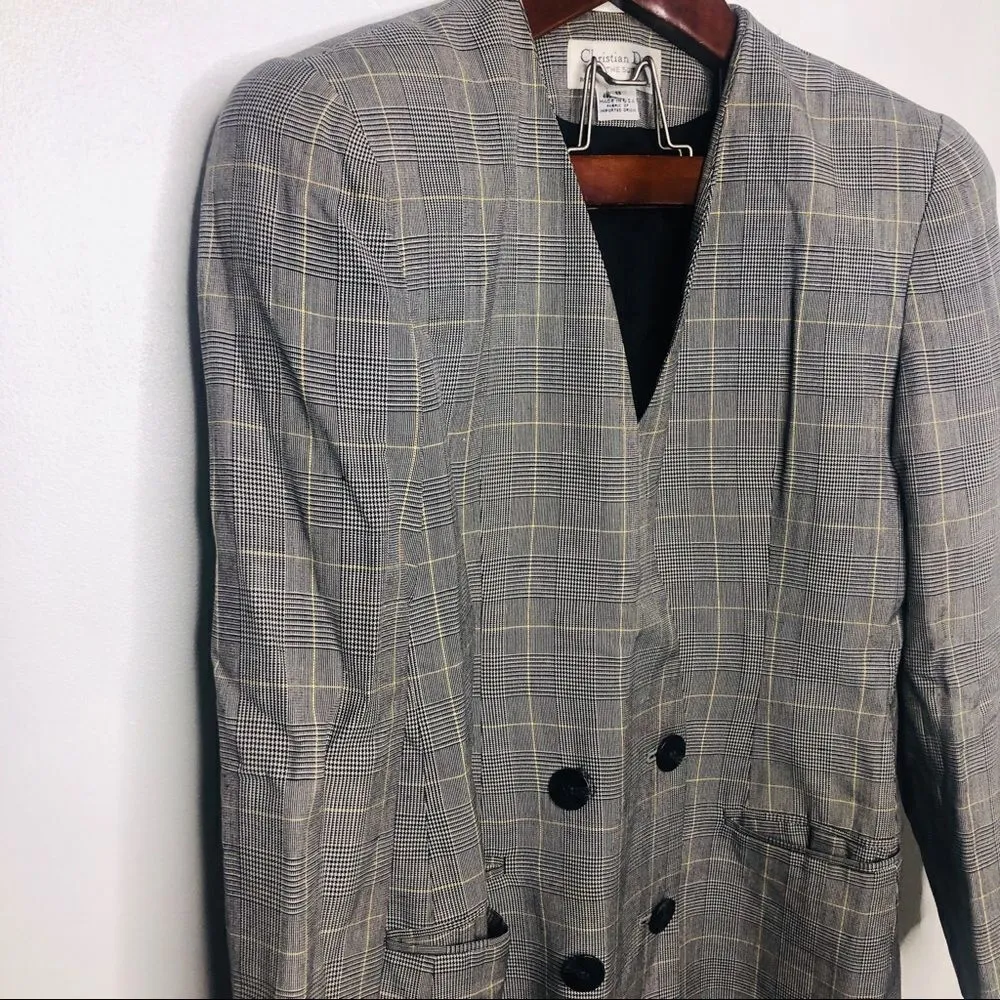 Christian Dior  Vintage Plaid Check Button Blazer 8 Retro Double Structured Black - Image 7