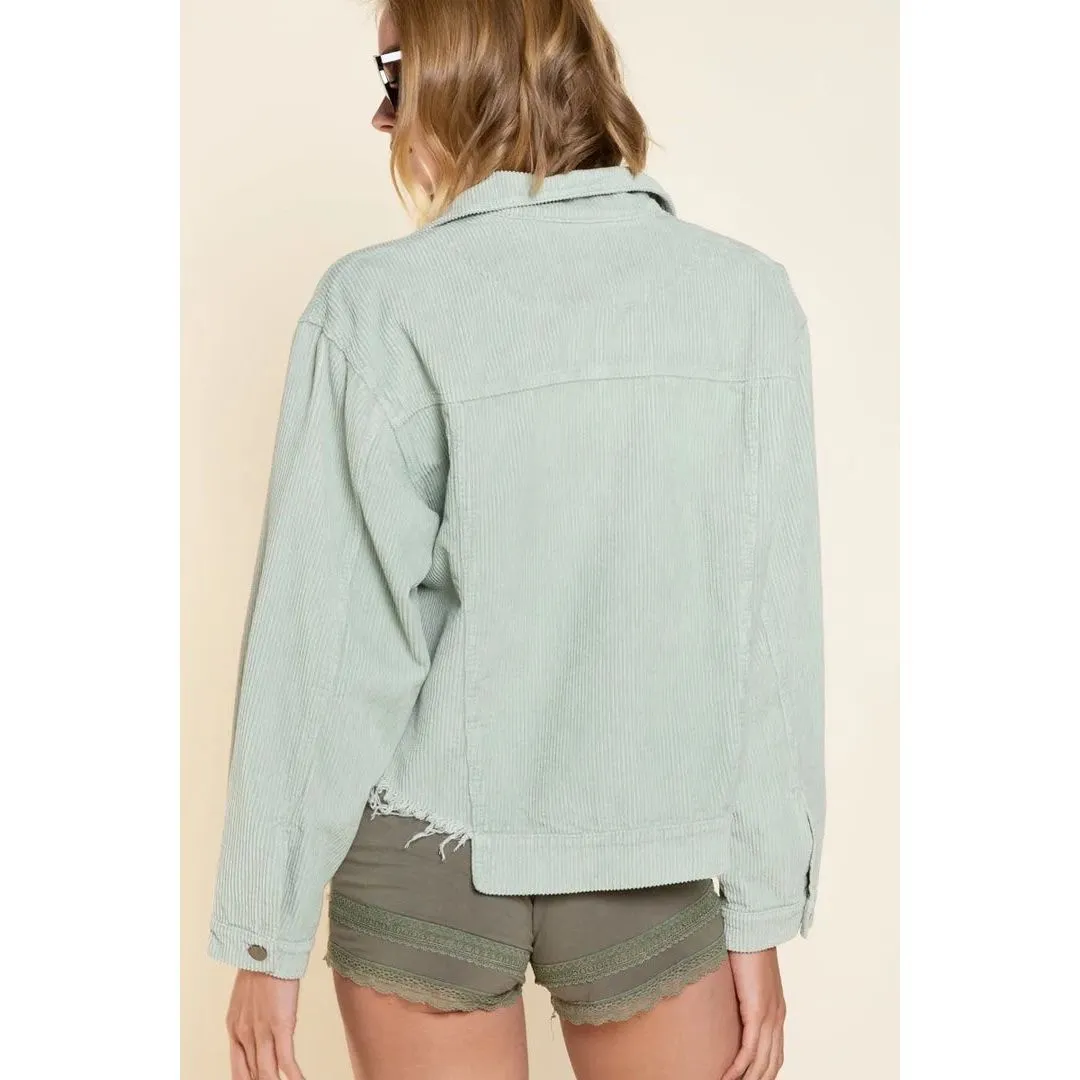 POL Corduroy Sage Green Button Front Shacket Raw Hem Trucker Jacket Medium #749 - Image 3