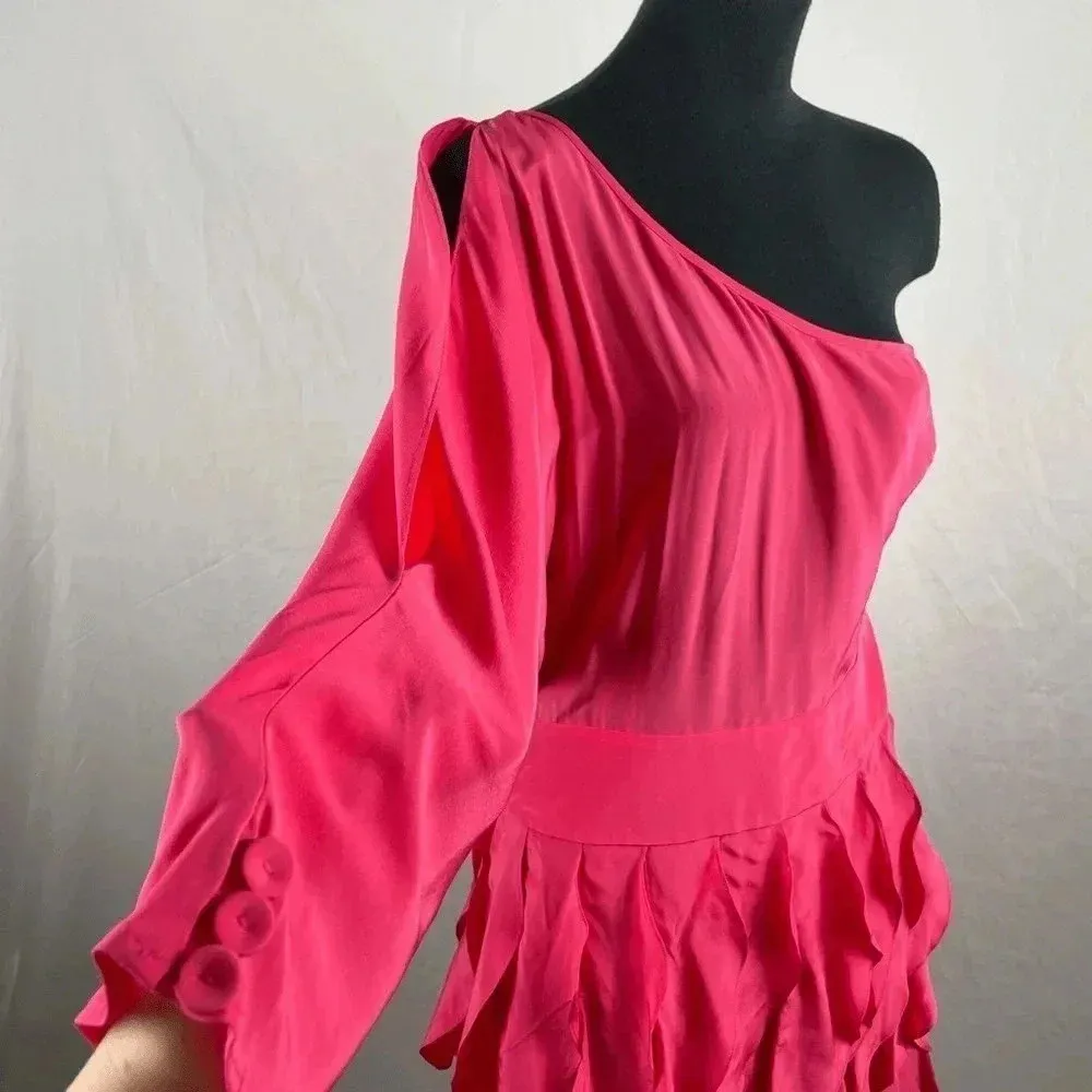 BCBGMAXAZRIA Azalea 100% Silk Pink Ruffle Skirt One Shoulder Party Dress Size 0 - Image 4