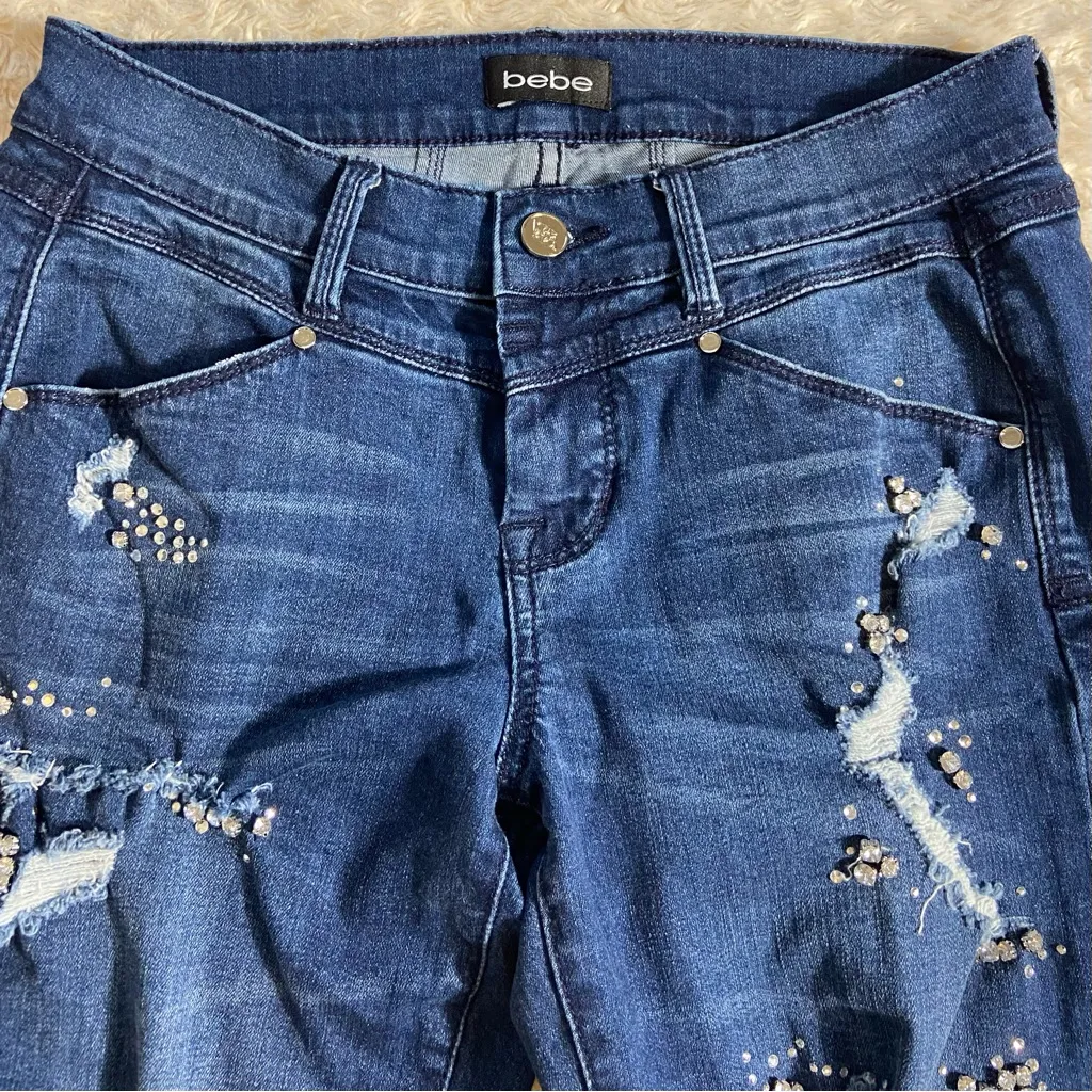 Bebe Bedazzled Low Rise Jeweled and Distressed Slim Straight Leg Jeans Size 26 - Image 5