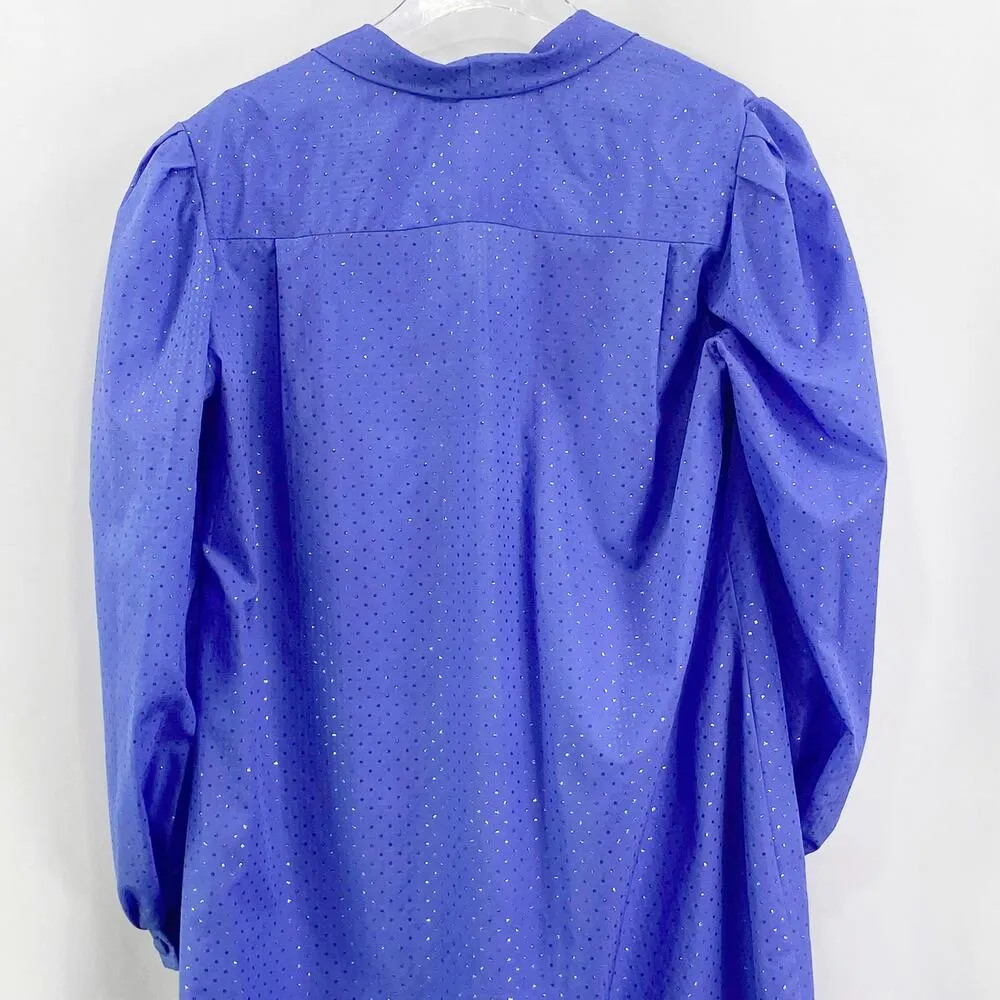 80s Vintage Blue Periwinkle Purple Long Sleeve Pleated Dotted Dress Size XXL - Image 3