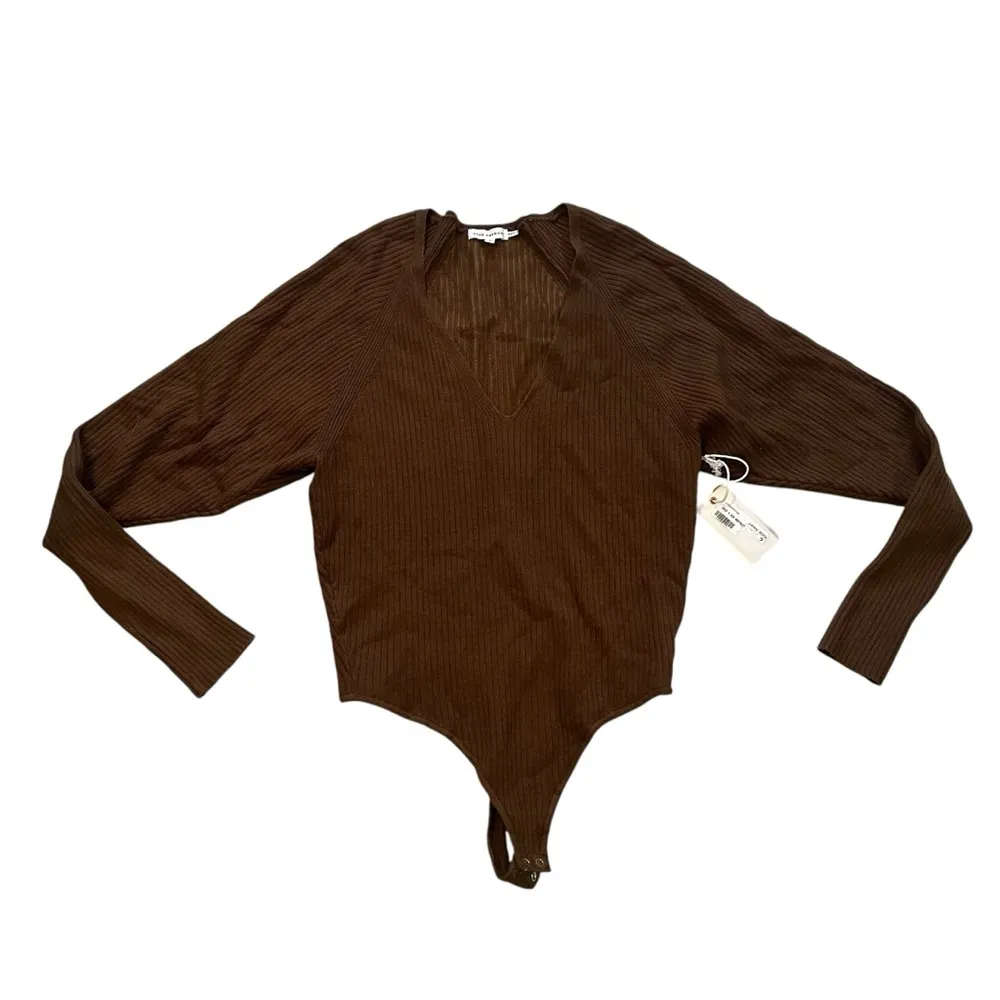 Good American Brown Rib Deep V-Neck Long Sleeve Knit Bodysuit Sweater, Sz 3 Lg - Image 10