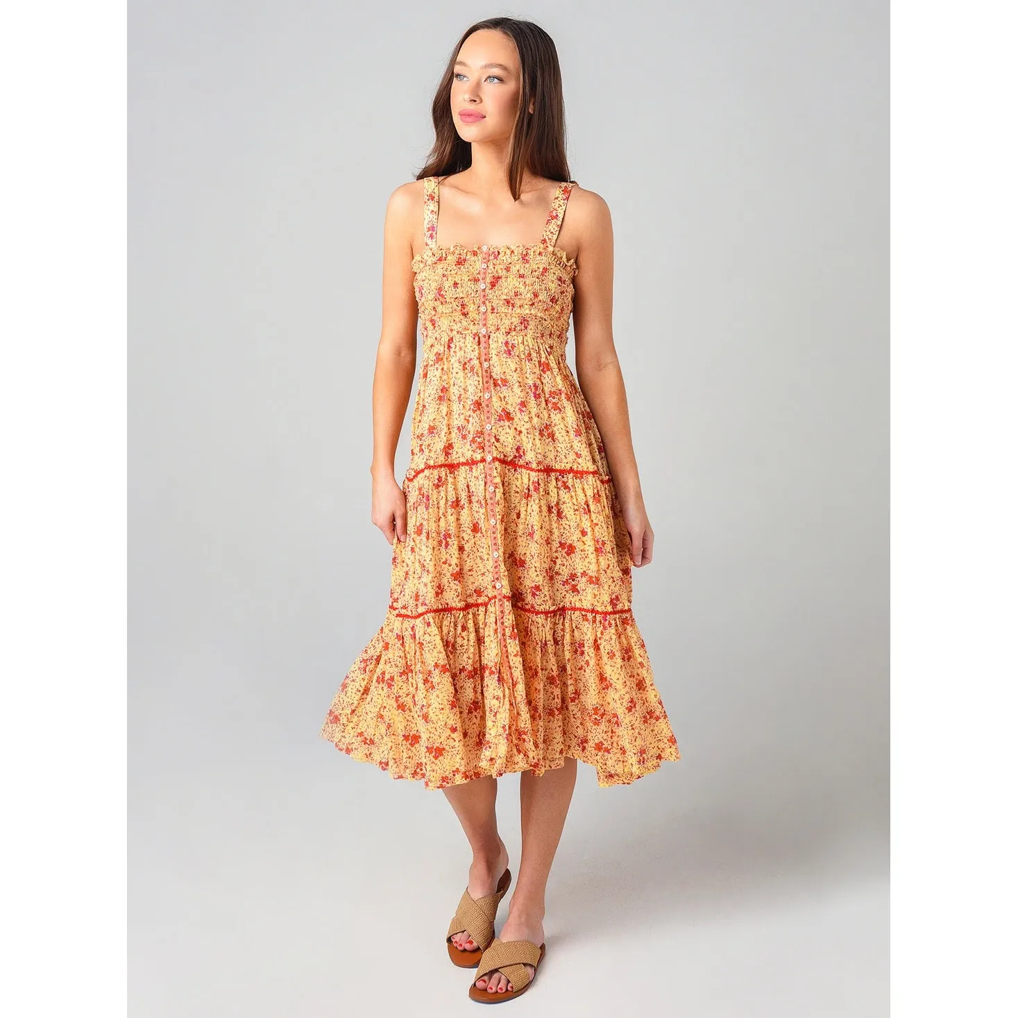 Poupette St Barth Floral Dress Midi Yellow Red Tiered Smocked Sun Dress‎ Size S - Image 4