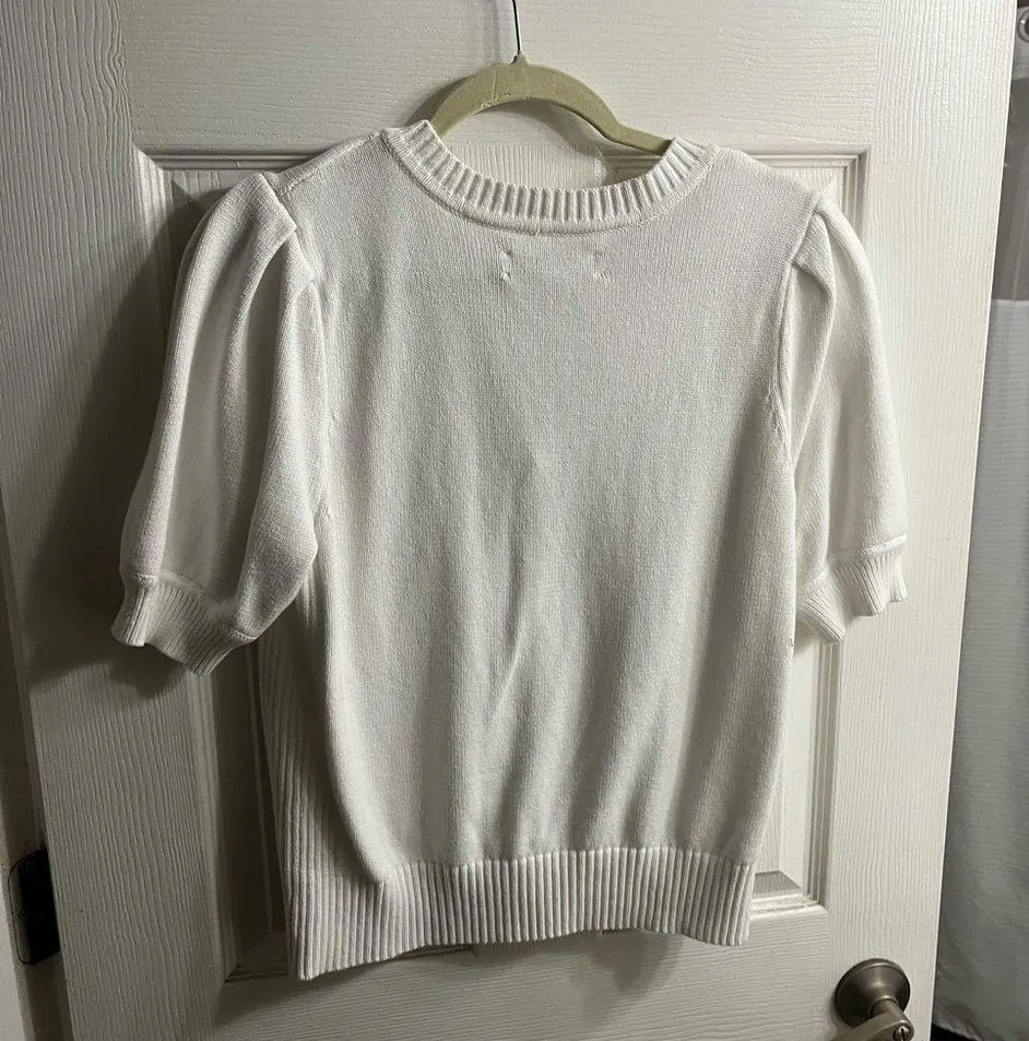 LOFT White V-Neck Knit sweater puff sleeve m - Image 3