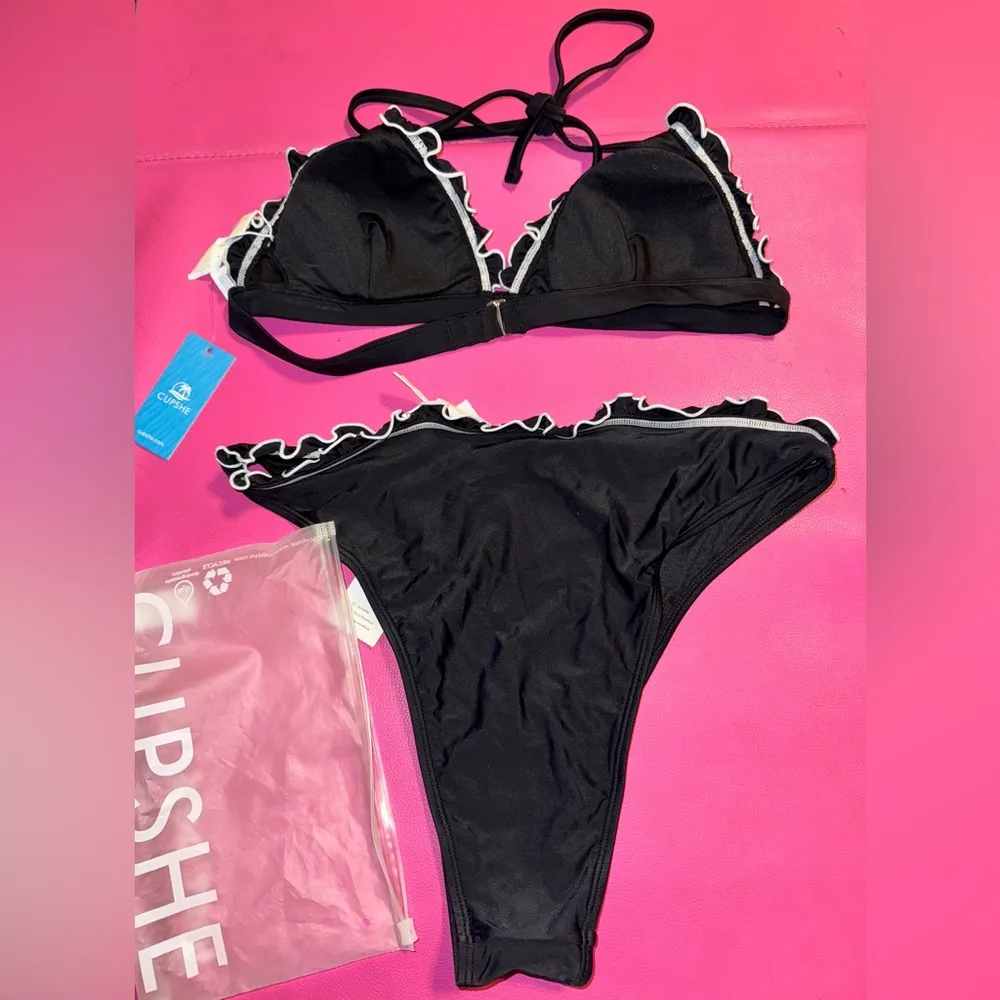 Cupshe Atlantis Contrast Stitch Bikini Bralette & Extra Cheeky Bottoms Set Black Size L - Image 5