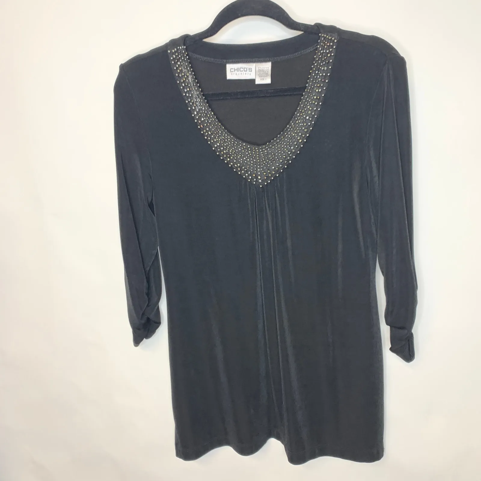 Chico's Travelers Black Top Beaded Scoop collar Sz 1 Small - Image 5