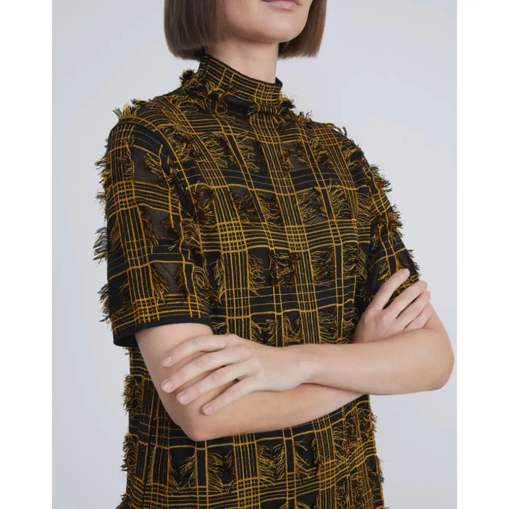 Lafayette 148 New York Fringed Plaid Mock Neck Sweater Dress Small - Image 8