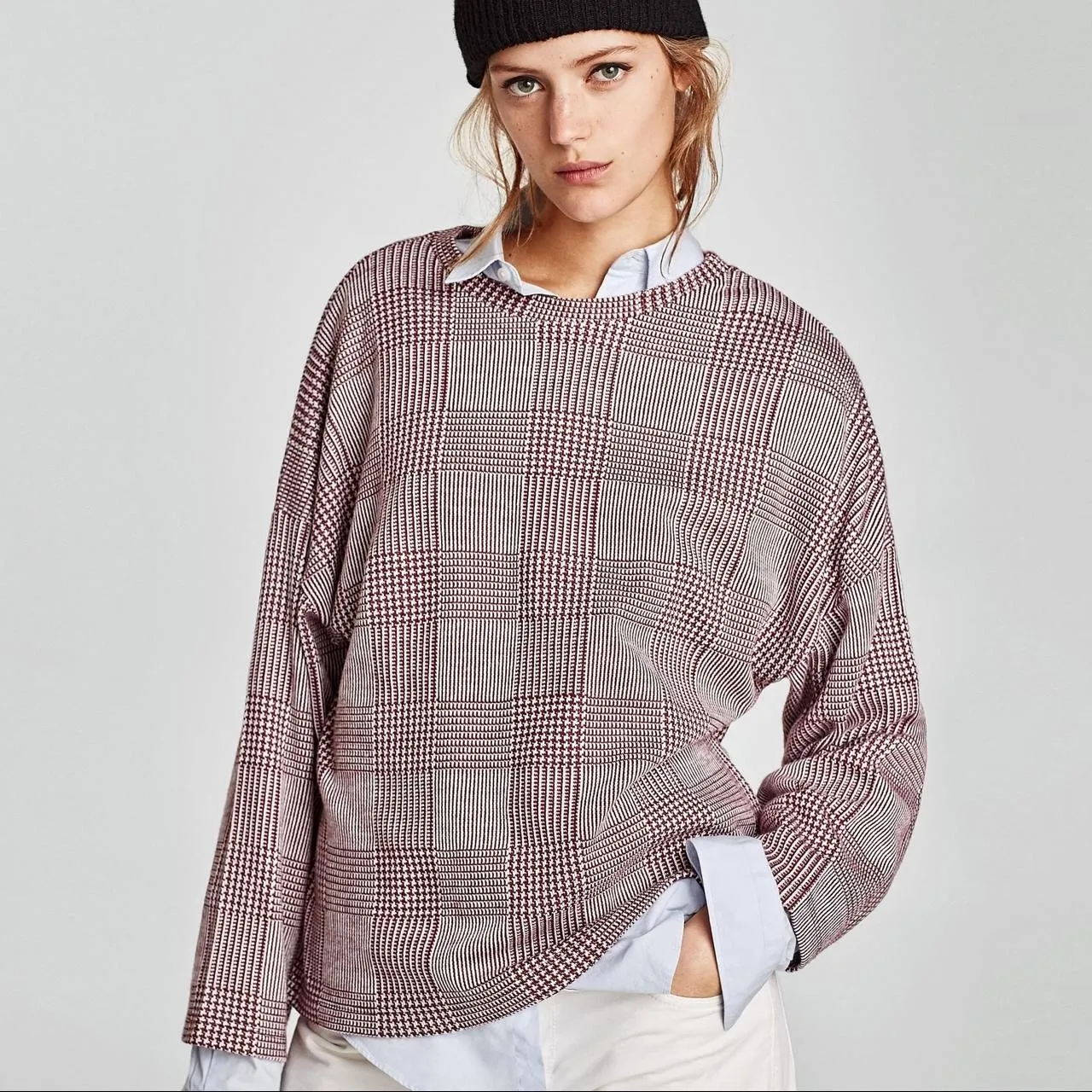 Zara Relaxed Fit Long Sleeve Lightweight Soft Crew Neck Knit Sweater M Burgundy - Image 11