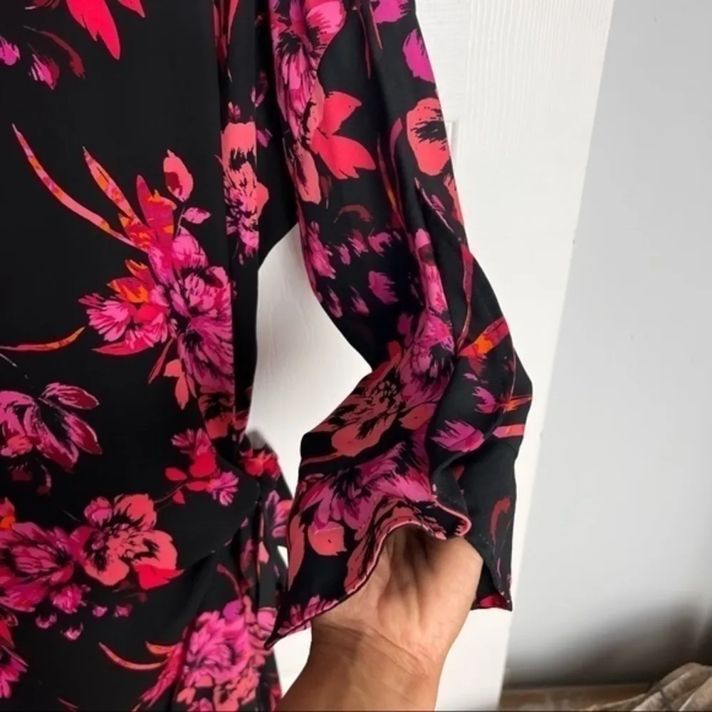 Prelude Floral Chiffon Side Tie Flutter Sleeve Dress‎ Black Size M - Image 4