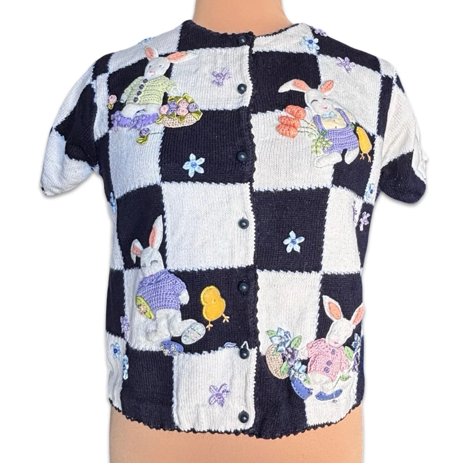 Vintage Marisa Christina Bunny Appliqué Knit Cardigan Black White Checkered Size M - Image 2