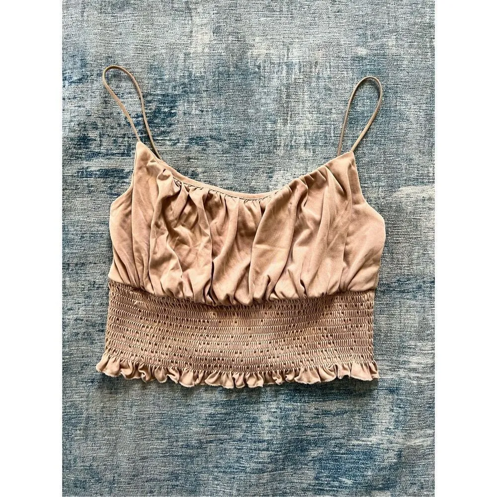 Love Tree Beige Tan Brown Pleated Smocked Ruffle Crop Top Medium - Image 5