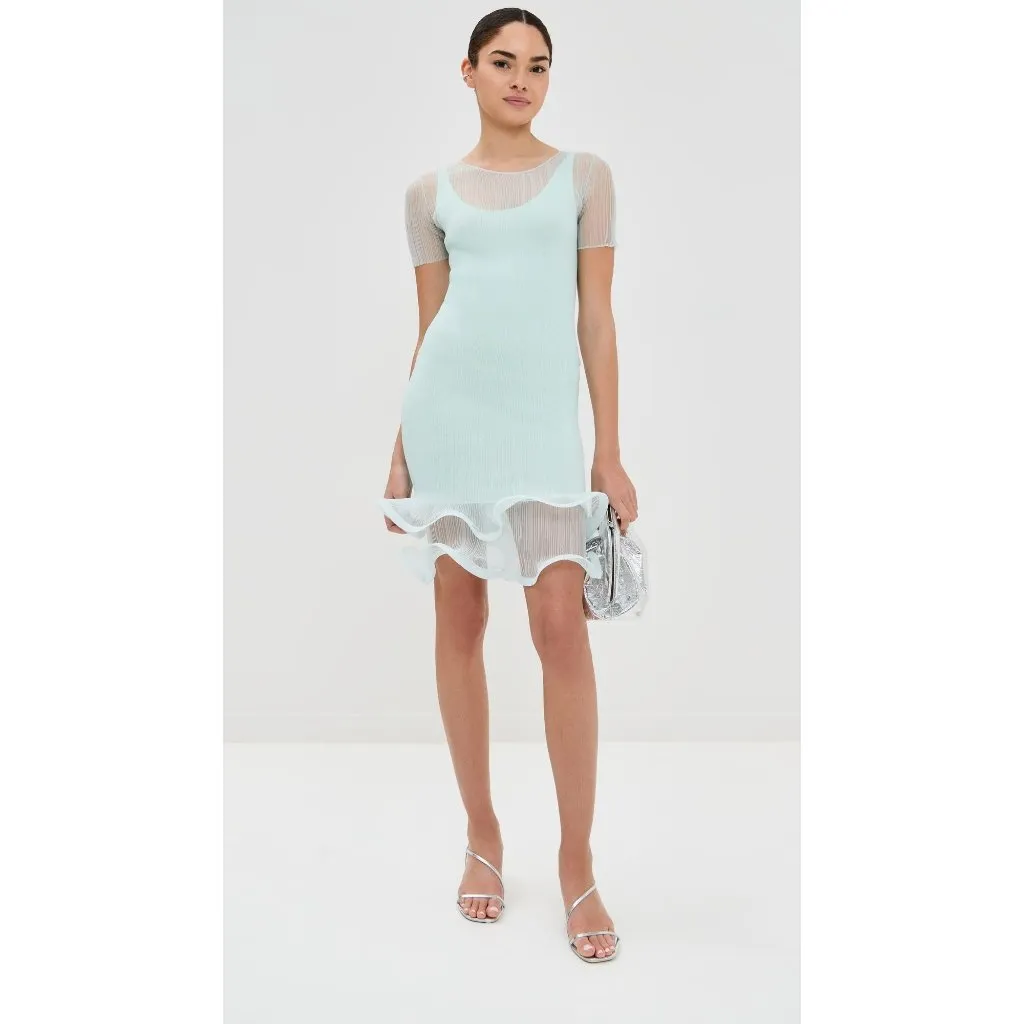 SIMKHAI Jett Short Sleeve Mini Dress in Seafoam Small New Womens Sheath Ruffle Blue - Image 15