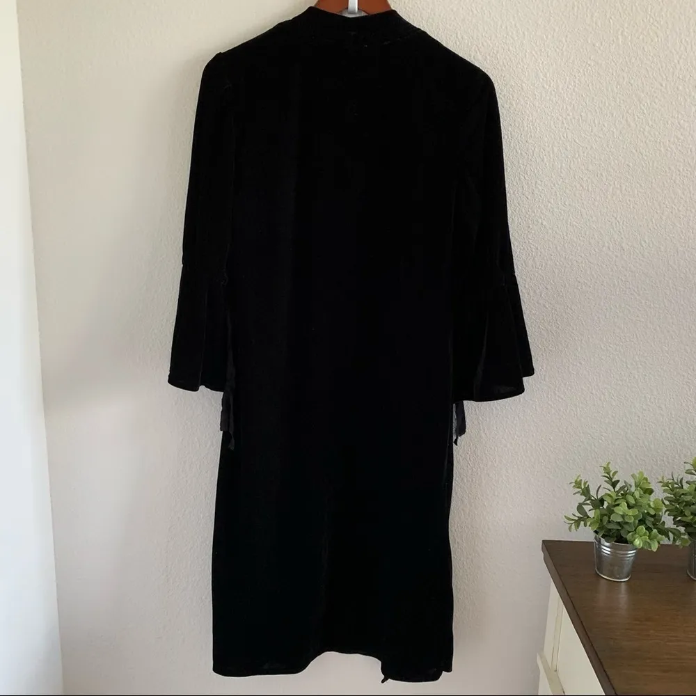 Solitaire Black Velour Long Line Long Open Front Sweater Bell Statement Sleeves - Image 8