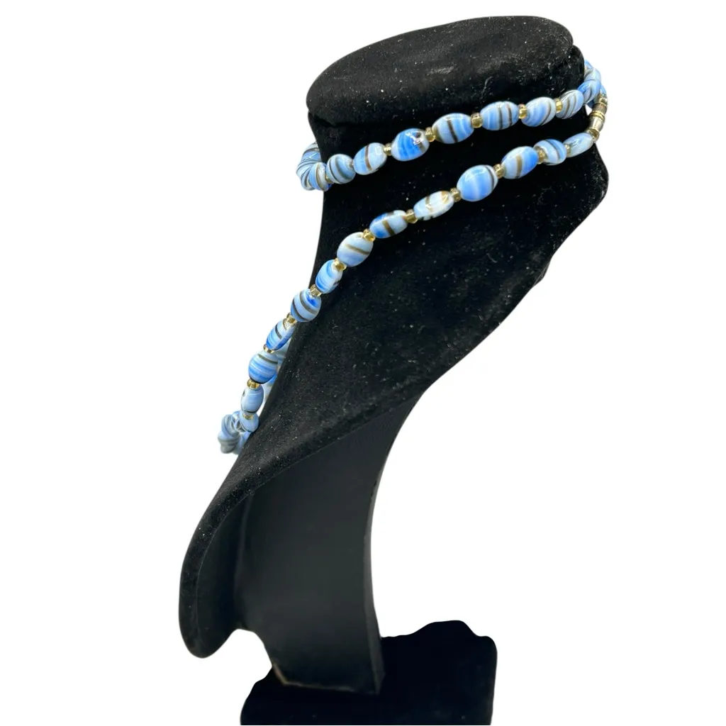 Handmade Blue White Swirl Glass Bead Necklace Artisan Boho Statement - Image 4