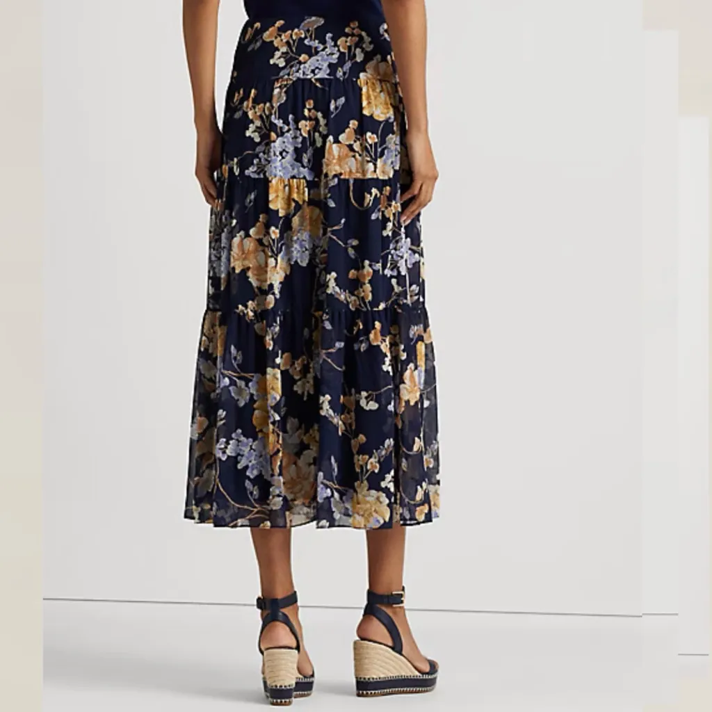 Ralph Lauren Floral Crinkle Georgette Tiered Maxi Midi Skirt Navy Cream Size 00 - Image 4