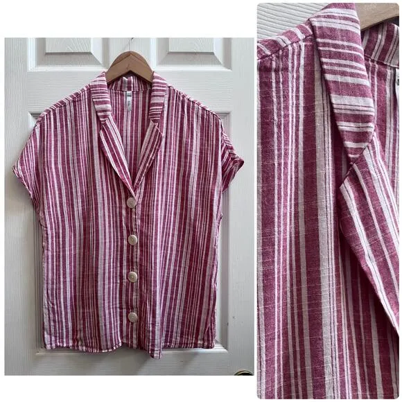MNG Mango Basics Striped Camp Collar Linen Blend Button Top Size 8 Medium - Image 2