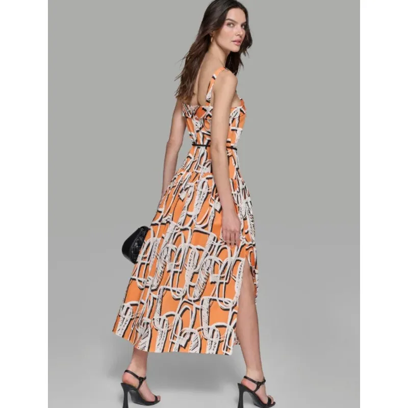 Karl Lagerfeld Paris Sleeveless Printed Square Neck Midi Dress Orange Size 12 - Image 3