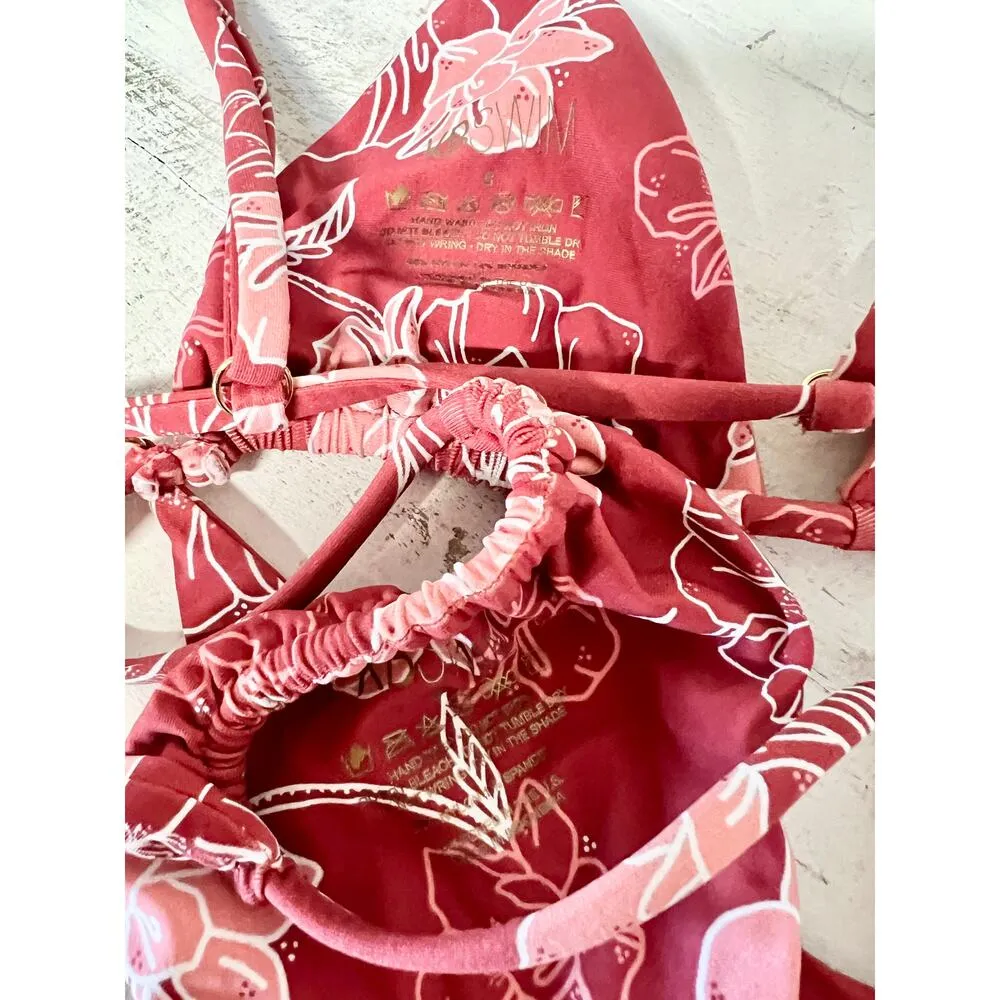 KB Swim Floral Bikini Top & High Leg Bikini Bottom Set Red/Pink Women's Size S Red - Image 5