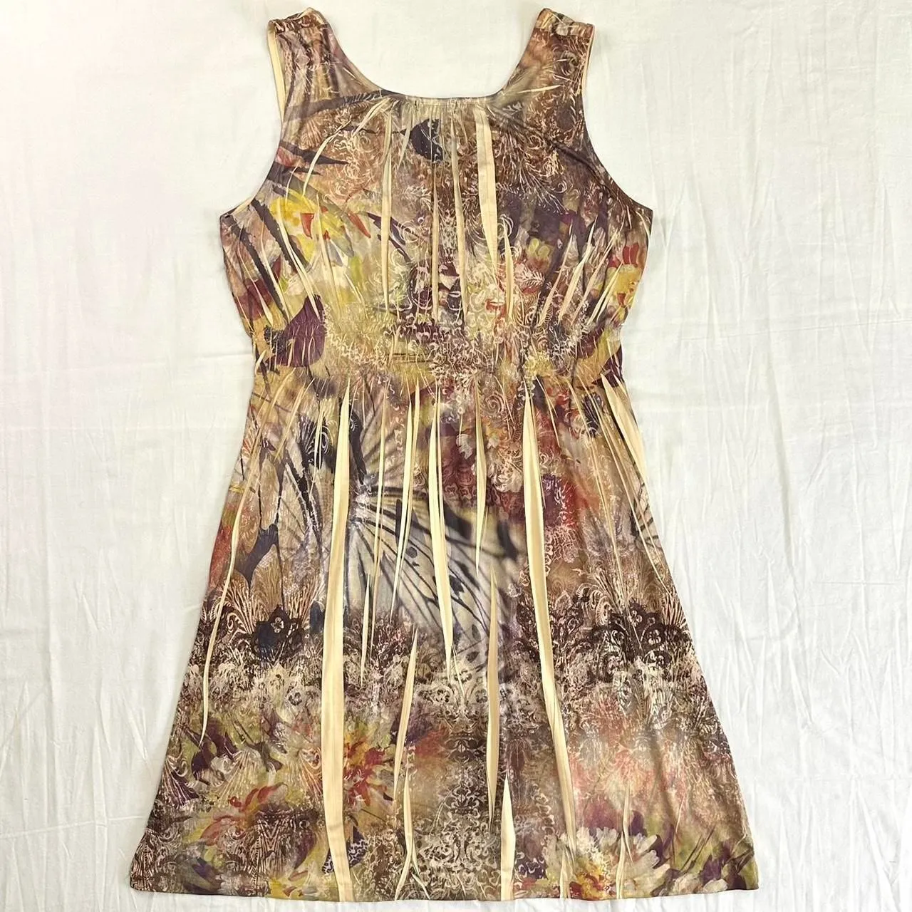 2000s Apt‎ 9 Boho Tan Earthy Abstract Print Mini Dress Crochet Sz L Boho Fairy - Image 4