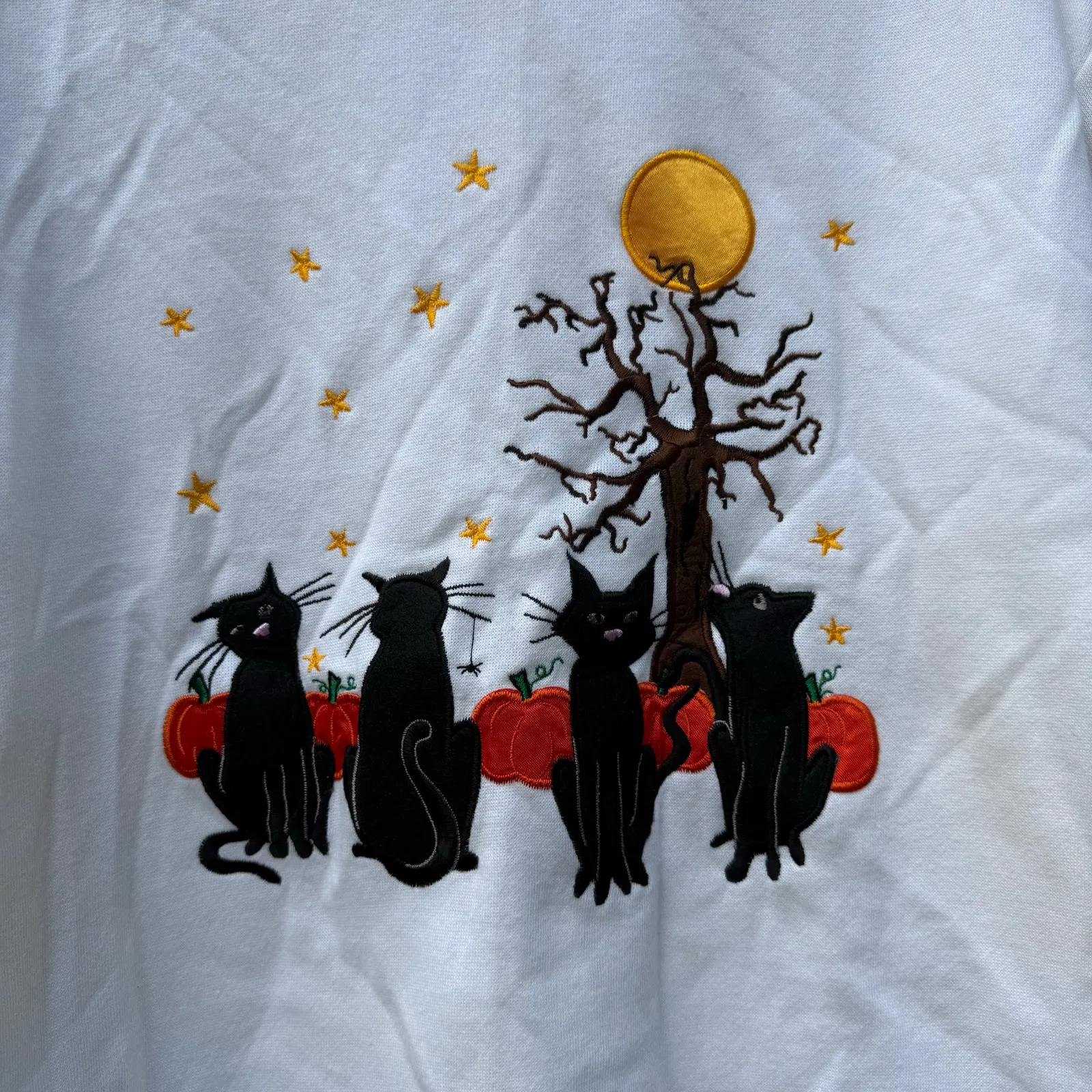 Vintage Spooky Halloween Cats Full Moon Pumpkins Long Sleeve Crewneck Sweatshirt White Size XL - Image 2