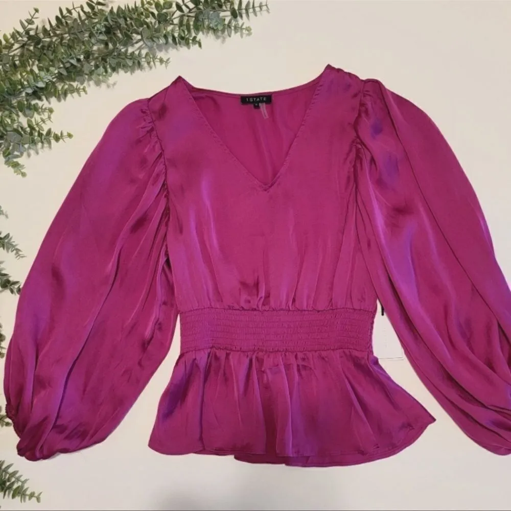 NEW 1.State Balloon‎ Sleve Hot Pink Apron Waist Blouse Size S - Image 2