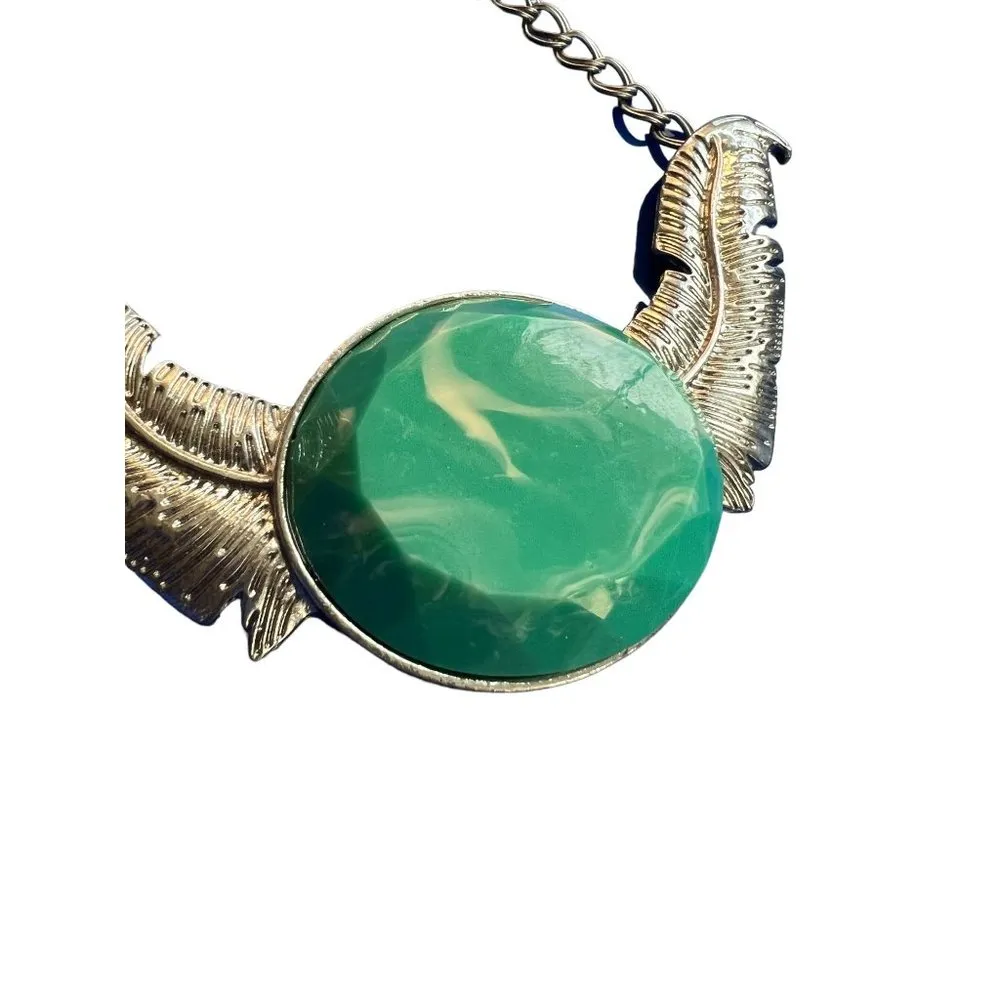 Silver tone bib statement necklace large wings faux stone cabochon southwest 19" - Image 2