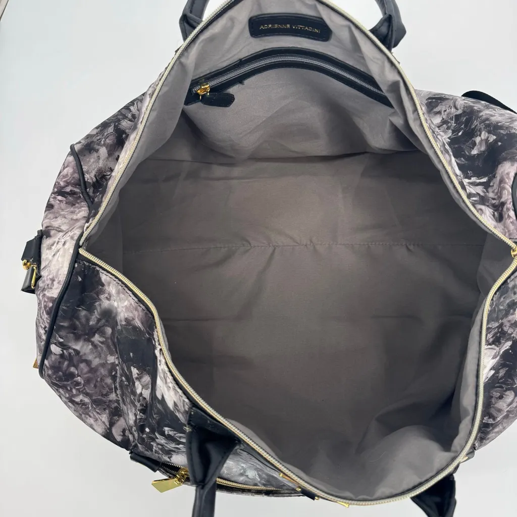 Adrienne Vittadini Large Travel Duffel Bag Gold Black White Floral Watercolor - Image 4