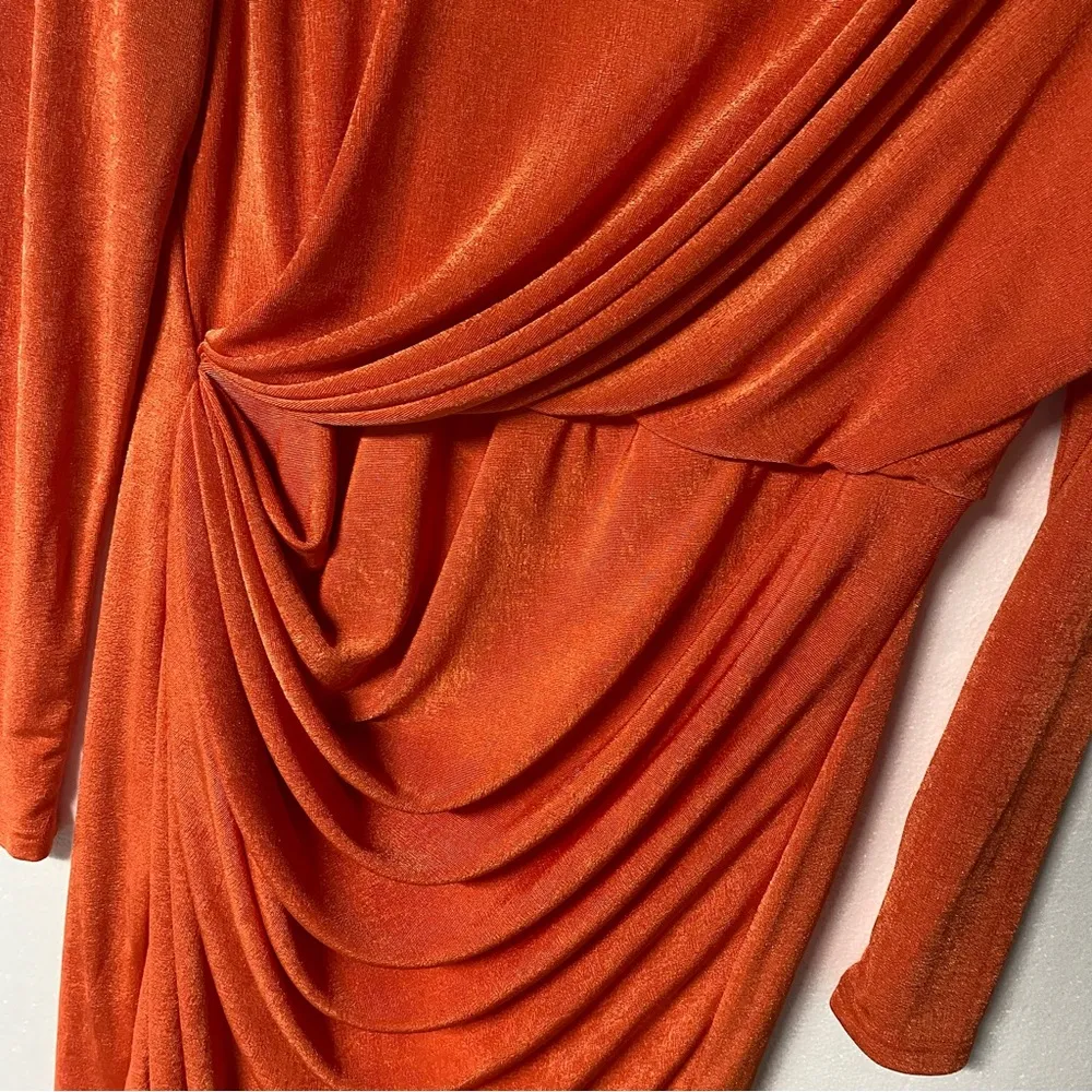 JLUXLABEL KARA MOCK NECK DRESS MIDI 2XL SLINKY STRETCH WAIST GATHERING ORANGE - Image 9